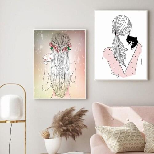 Beautiful Cute Young Girl With Cat Art Prints Fashion Illustration Poster Girls Room Wall Decoration Canvas Painting Pictures