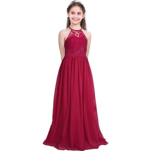Girls Lace Birthday Gown Chiffon Sleeveless Halter Floral Flower Girl Dress Princess Pageant Wedding Bridesmaid Party Dress