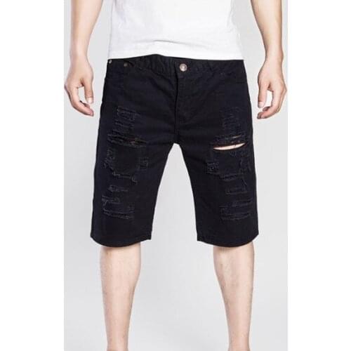 Summer Trend New European and American Style Mens Fashion Casual Hole Solid Color Washed Denim Shorts for Men