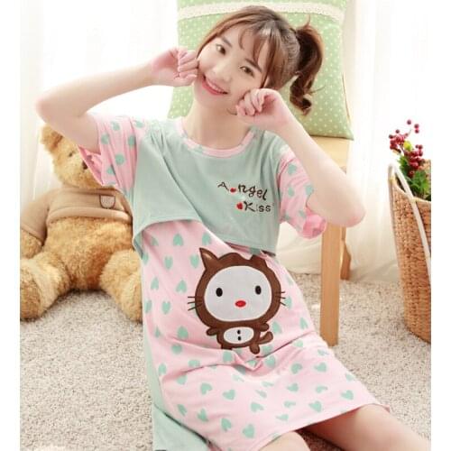 Summer Pregnancy Nightwear Cartoon Heart Breastfeeding Nightgown Plus Size Pregnant Sleepwear Women Nursing Pajamas