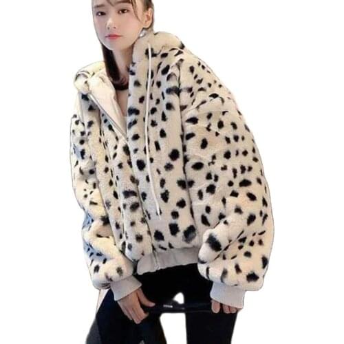 Sweet Cute Hooded Rabbit Ear Furry Velvet Womens Coat Imitate Otter Rabbit Fur Leopard Fur Overcoat Short Ladies Jacket