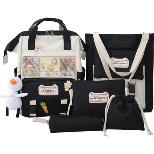 M68C 5Pcs/set Nylon School Backpacks Women Lovely Daypack for Teenage Girls Bookbags Students Travel Shoulder Bag Female