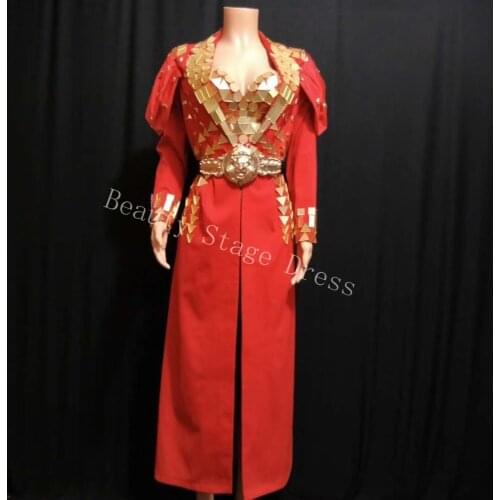 New Design Golden Mirror Playsuits Long Windbreaker Jacket Female Singer Hosting Master of Ceremony DJ Stage Costume Jumpsuit