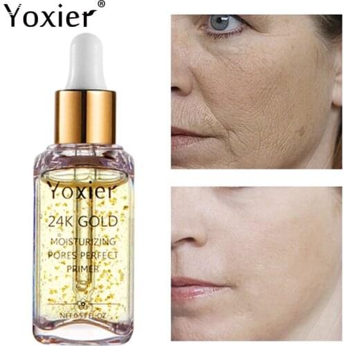 Face Primer Anti-wrinkle Gold Serum Shrinking Lift Pore Primer Anti-aging Whitening Brighten Hyaluronic Acid Makeup15ml