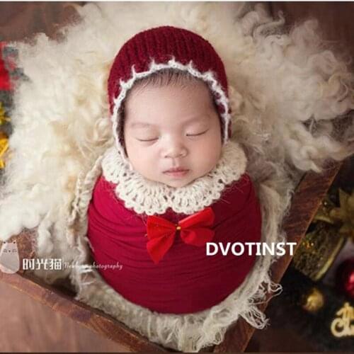 Dvotinst Newborn Photography Props for Baby Christmas Red Set Hat Wrap Bib 3pcs Set Bonnet Studio Shoots Fotografia Photo Props
