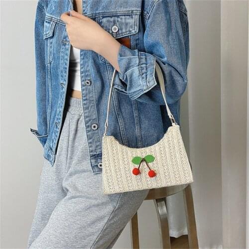 Straw Weaving Shoulder Bags For Women Cherry Decor Casual Girl Totes Summer Western Style Messenger Bag Shopping Purse Fashion