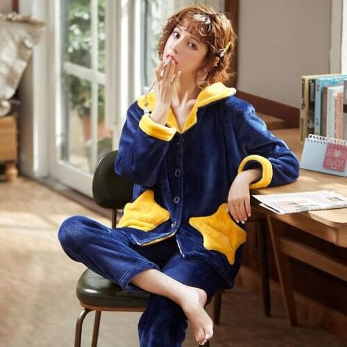 Thick Winter women Pajamas Sleepwear Warm Flannel Pajama Long Sleeves Cute Stars Animal Homewear Home Suit