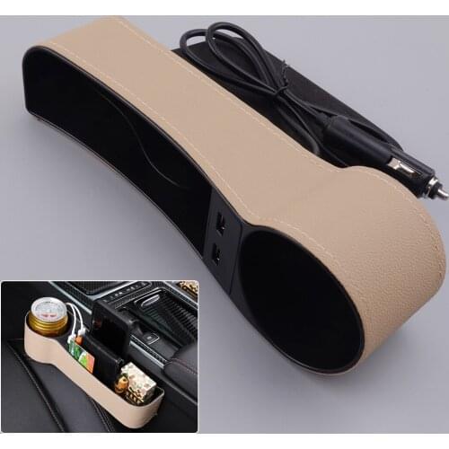 Universal Console Left Side Beige Seat Crevice Storage Box Organizer Pocket with 2 USB Ports Car
