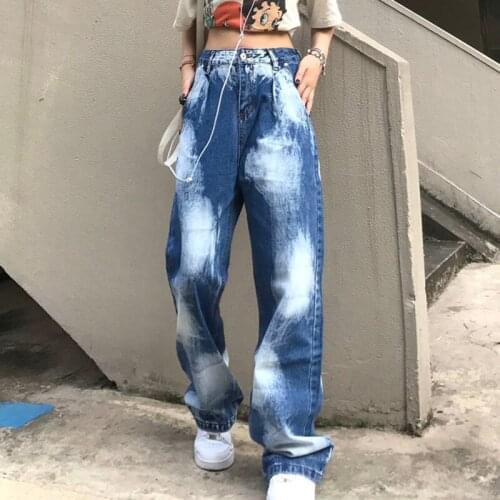 Zoki Fashion Y2K Women Jeans High Waist Streetwear Tie Dye 90s Blue Denim Pants Straight Blue Wide Legs Baggy Jeans New 2021