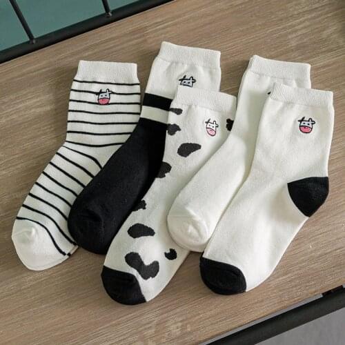 Japanese Harajuku Style Cotton Women Socks Striped Cow Printed Breathable Casual Cartoon Socks Embroidery Animal Cute Happy Sock