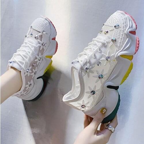 Women flat sports shoes fashion Crystal casual shoes Breathable Platform ladies personality Rainbow bottom vulcanize shoes white