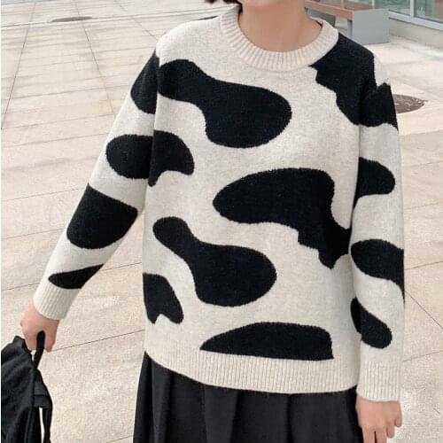 Cow Pattern Women Pullover Long Sleeves Knit Thick Sweater