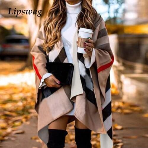 Winter Batwing Fluffy Sleeve Overcoat Women Elegant Knitted Striped Print Capes Coat Lady Casual Irregular Autumn Ponchos Scarf