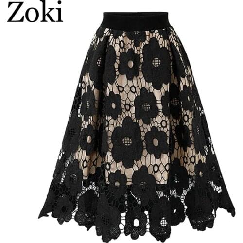 Zoki Sexy lace women skirt summer vintage high waist female midi calf party night club skirt A-line solid faldas mujer moda 2020