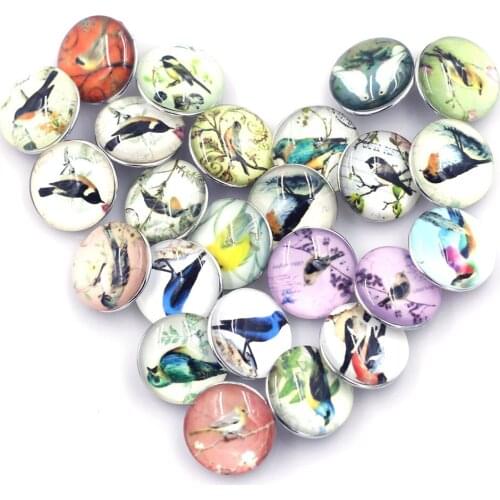 10PCS 18mm Mixed Bird Round Glass Press Buttons DIY Crafts Scrapbook Gift Decor Jewelry Accessories Fit Snap Fastener 5.5mm
