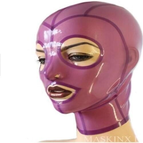 100%Latex Rubber Breather Hood Mask Party mask transparent purple fetish hood mask