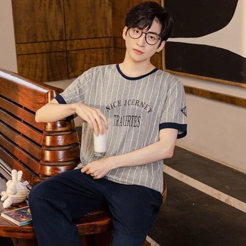 Men Stripe Letter 2PCS Cotton Pajamas Sets O-Neck Large Size Pyjamas Sleep Suit Nightwear Sleepwear Summer Soft Home Wear