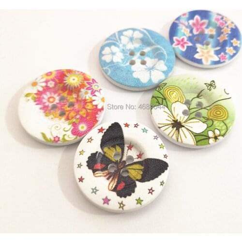 20pcs 30mm Large Wooden Round Buttons Mixed Florals and Butterfly Painted 4 Holes DIY Sewing Embellishments Crafts