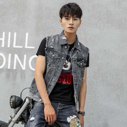 2020 Mens Vest Casual Fashion Print Slim Sleeveless Biker Jackets Harajuku Turn-down Collar Frayed Cowboy Tops Coat Men Outwear