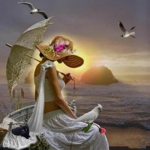 5D Diamond Painting Straw Hat Woman Seabird Craft Oil Painting Diamond Mosaic Diy Full Round Diamond Embroidery Cross Stitch