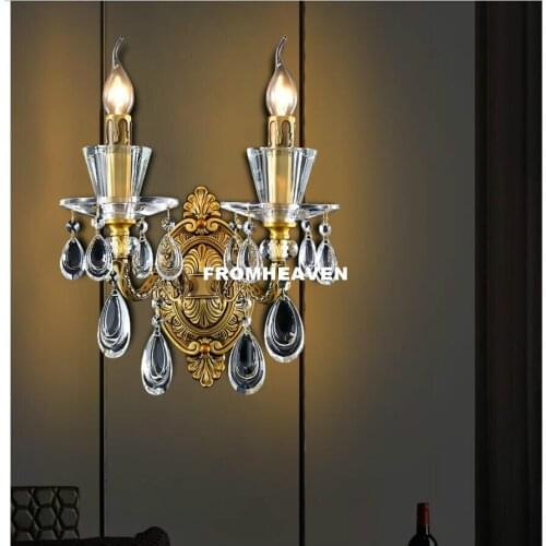Free Shipping Crystal Wall Light Brass Material Wall Sconces Lamp for bedroom living room Home Decora Bronze Wall Brackets Light