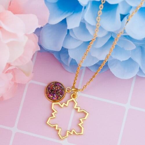 Druzy Golden Snowflake Pendant Necklace Set Pink AB Color Matte Round Resin Patch Pendant Necklace For Women Jewelry Gift New