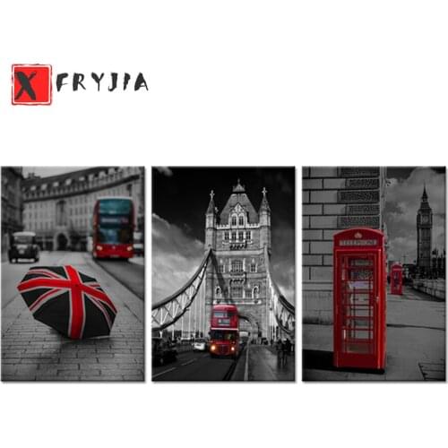 3pcs Black And White Red London Bus England British Full Mosaic 5D Diy Diamond Painting Cross Stitch Kits Embroidery home decor