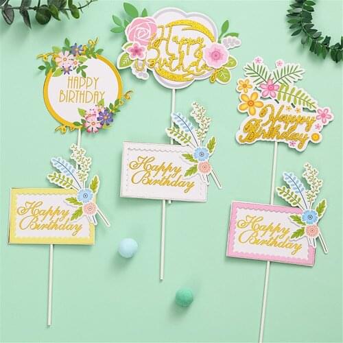 Forest Garden Flower Happy Birthday Cake Topper Valentines Day Party Cartoon Decoration Baby Shower Cards Decor Party Supplies
