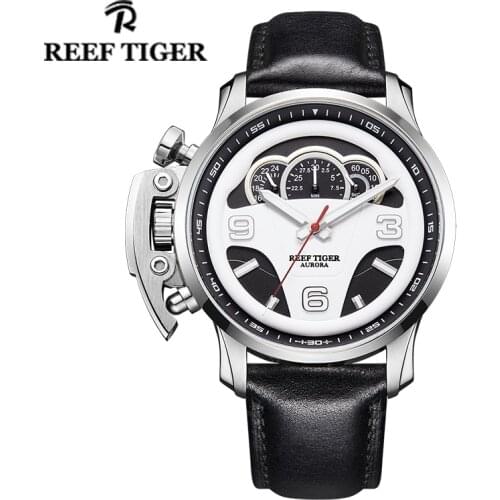 Reef Tiger/RT Original Mens Fashion Sport Quartz WristWatches Genuine Leather Strap Dashboard Dial Chronograph Sapphire Crystal