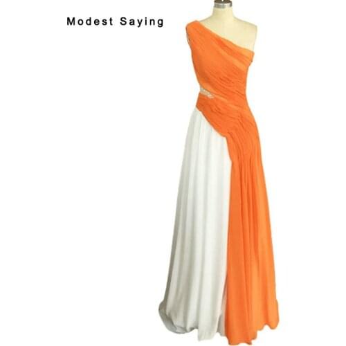 Real Orange and Ivory A-Line One Shoulder Beaded Pleated Evening Dresses 2017 Formal Women Long Birthday Party Prom Gowns BE59