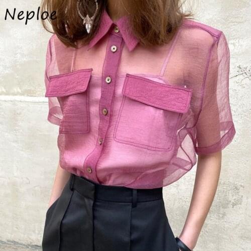 Neploe Single-breasted Loose Women Shirts Korean Summer Sexy Lapel Blouses Pocket Thin See-through Puff Sleeve Blusas with Camis