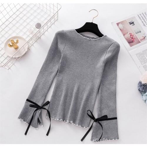 2021 New Kintted T-shirt All-match Big Size Women Long Sleeve Bow Tie Tees Slim Lady Basic Tops Pullovers Brief Bottomings 1331