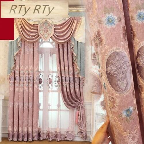 New luxury chenille embroidered curtains finished custom for living room high quality pink blue curtains for bedroom girls room