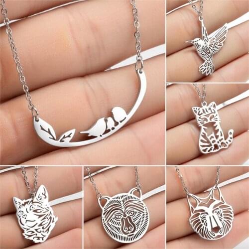 KSRA Stainless Steel Animal Necklaces for Women Fashion Origami Tiger Cat Monkey Bird Rabbit Pendants Necklaces For Gift