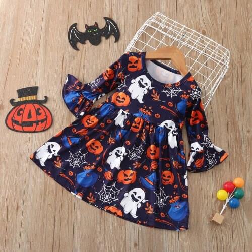 Ghost pumpkin print Dresses Newborn Kids Halloween Cosplay clothing Flared sleeves autumn Princess Dress Infant Baby Girls dress