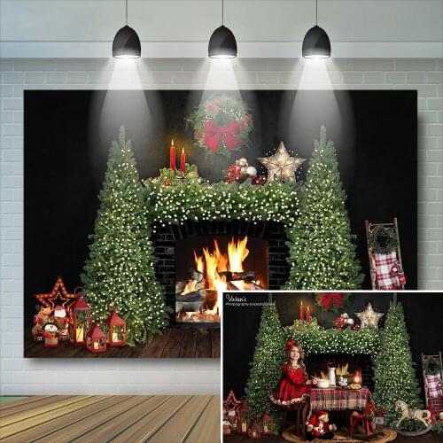 Christmas Background Kids Family Photography Fireplace Black Wall Toy Horse Decor Trees Banner Festival Photostudio Backdrop
