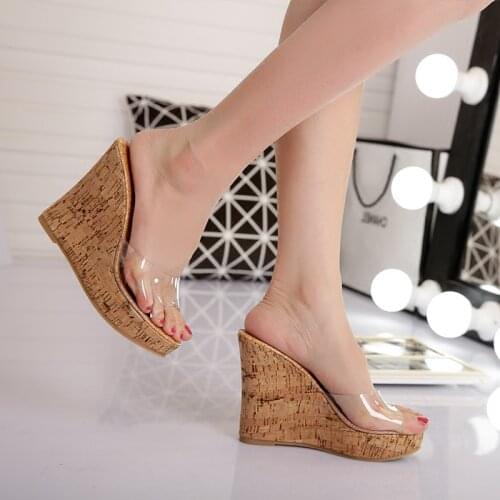 Summer Slippers PVC Transparent Peep Toe Platform Wedges Slippers Sandals Women Fashion High Heels Female Shoes 11cm gold