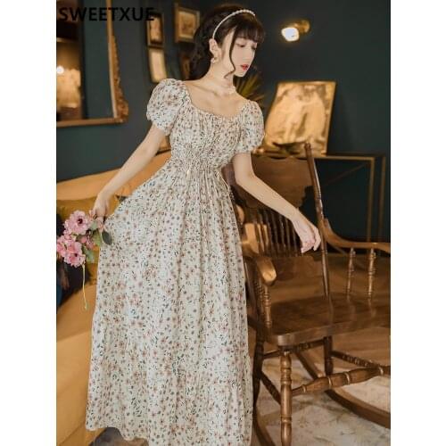SWEETXUE Korean Chic Dress French Pastoral Style Fresh Square Neck Cotton Floral Vintage Dress Vestidos Women 2021