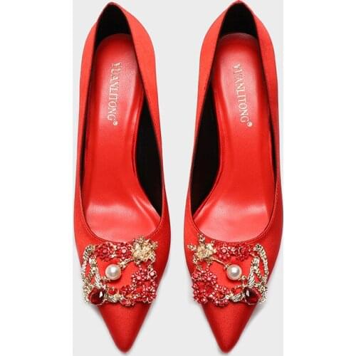 Brand Women Luxury Crystal Pearl Slingback High Heels Bride Shoes Comfortable Triangle Heeled Party Wedding Pumps