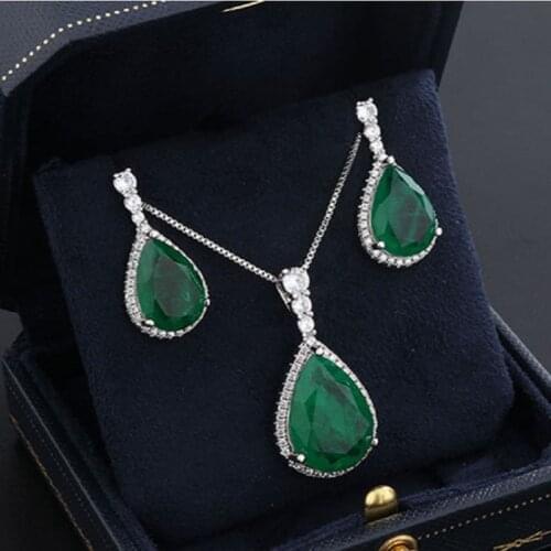 QTT Retro Emerald Tourmaline Gemstone Jewelry Sets For Women Water Drop Exquisite Ring Earrings Necklace Set Wedding Party Gift