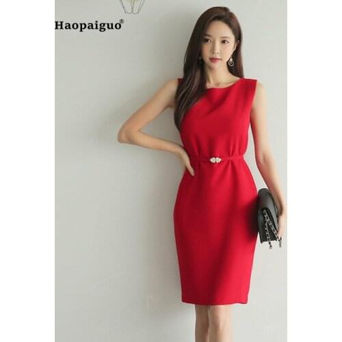 2018 Plus Size Pencil Dress Women Summer Red Sleeveless Tank O-neck Elegant Office Lady Korean Dress Casual Party Ladies Dresses