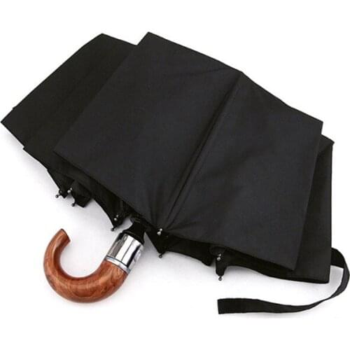 Automatic 10 Ribs Curved Umbrella Male Leather Wood Handle Business British Style Umbrellas Black Foldable Car Sun Umbrella