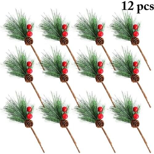 12PCS Christmas Pine Pick Fashion Artificial Pine Needle Branch Small Pine Twig For Holiday Floral Decor Xmas Tree Decor