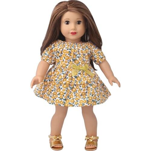 18 Inch American Doll Girls Clothes Yellow Floral Dress Born Baby Toy Accessories 43 Cm Boy Dolls D33