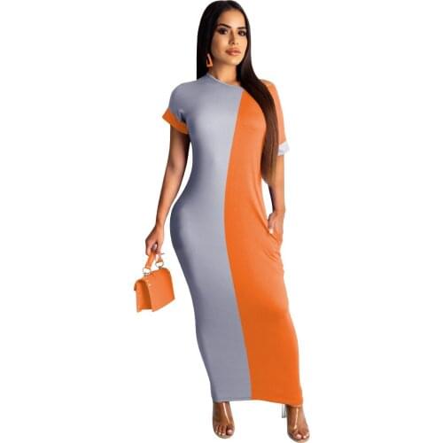 2020 Summer Women Dress European and American Hot Style Solid-color Patchwork Short Sleeves Casual Fashion Loose Maxi Dress