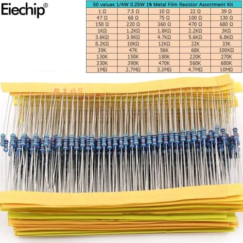 500pcs/lot 50 values 1/4W 0.25W 1% Metal Film Resistor Assortment Kit Set 1R-10mR 1ohm-10Mohm resistor samples kit