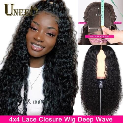 Brazilian 4X4 Lace Closure Wig Deep Wave Wig Human Hair Wigs Lace Wig Pre-Plucked With Baby Hair Natural Color Remy 150% density