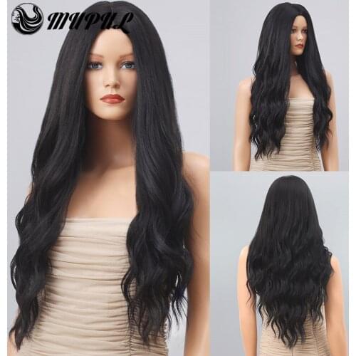 Black Long Middle Part Wave Hair Daily Synthetic Wigs For White Women Nutural Cosplay Party Heat Resistant Fiber Female Wig