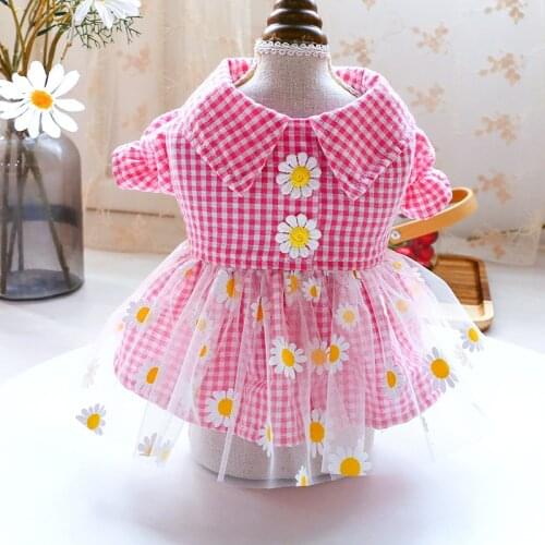 Floral Embroidery Pet Dresses For Small Dogs Plaid Shirt With Mesh Tutu Skirt Summer Suit For Cat Chihuahua Girl Boy Accessory