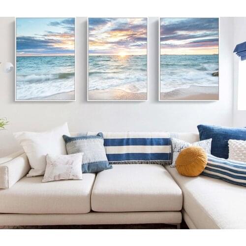 Sunrise Coastal Decorative Canvas Poster Blue Sea Landscape Picture Waves Canvas Painting Print Beach Wall Art Picture Home Deco